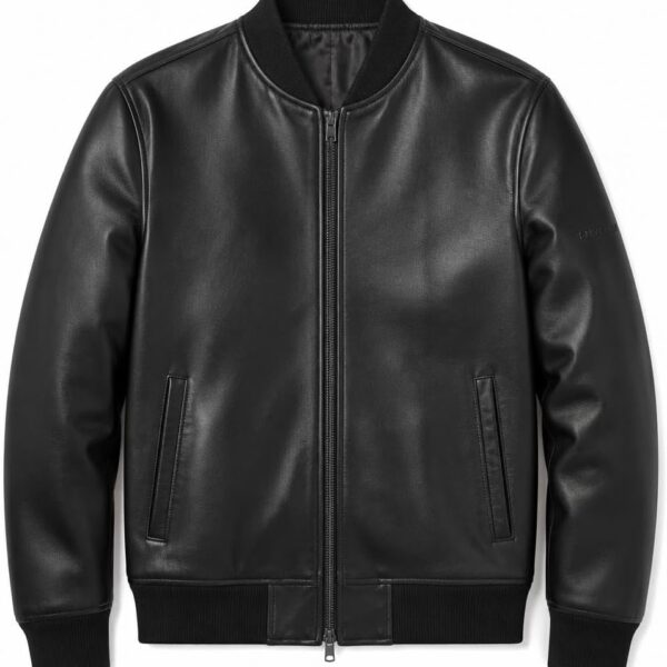 Men's Genuine Leather Bomber Jacket With Full Zip And Ribbed Collar