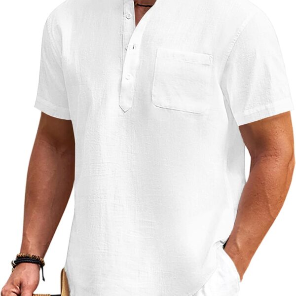 Men's Cotton Linen  Shirt Short Sleeve Hippie Casual Beach T-Shirts with Pocket